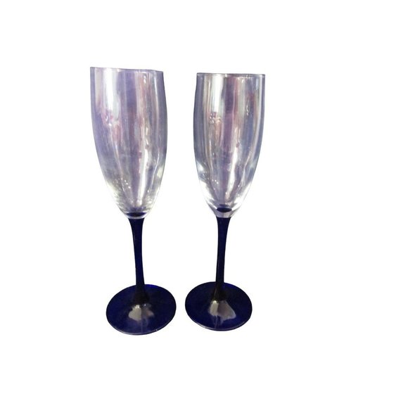 Cristal D'Arques Neptune Champagne Glass A Pair Cobalt Blue Stem Retired EUC - Picture 4 of 12